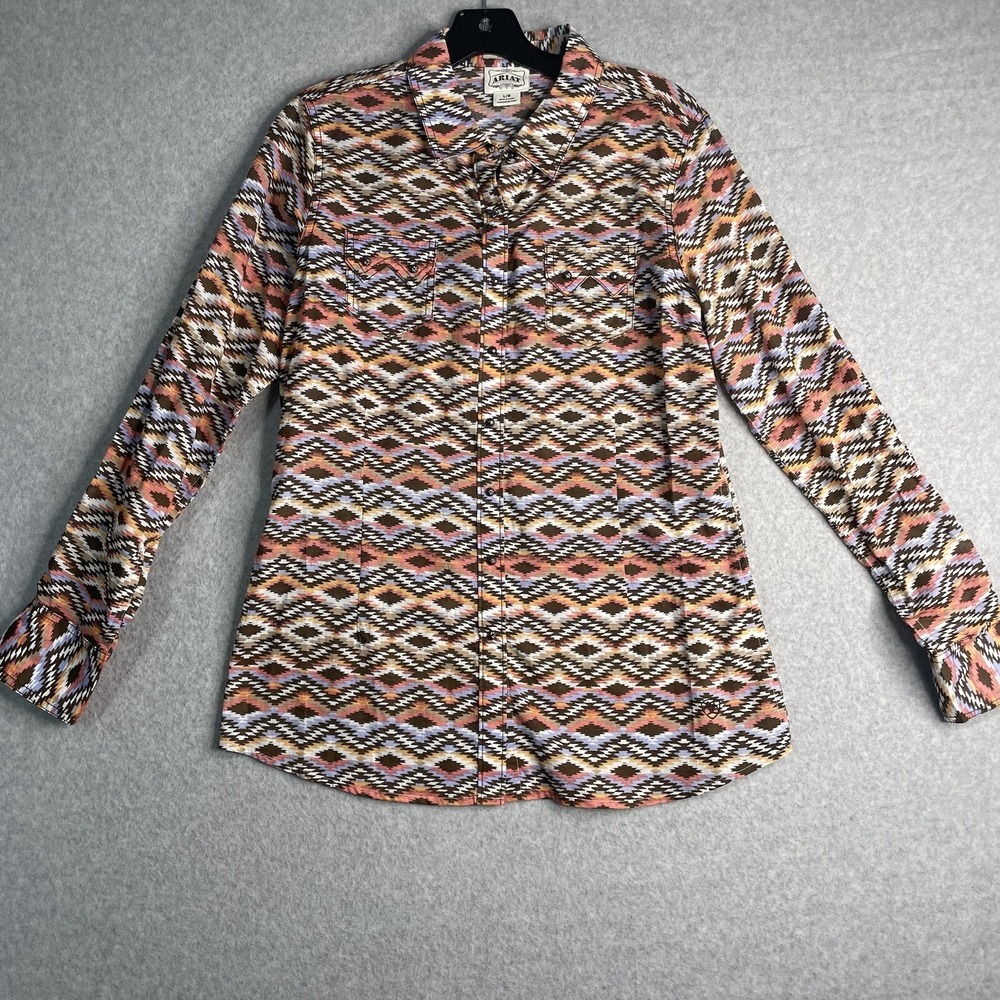 Ariat Western Top Womens Large Long‎ Sleeve Aztec Metal Snap Pink Multicolor EUC